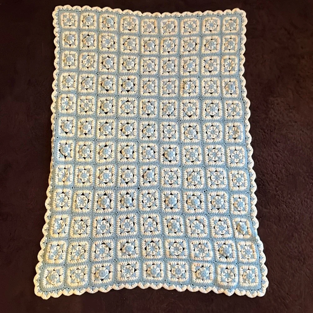 Hand Crochet Baby Blanket Blue White Nursery, Dolls